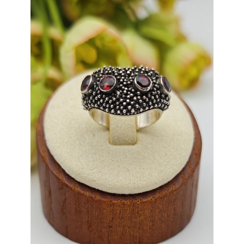 Boho Artisan Garnet Sterling Silver Ring Women Size 6 Red Balinese Cocktail Ring